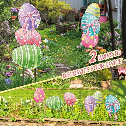 AnyDesign Easter Garden Stakes Welcome Metal Yard Sign Easter Decorations Outdoor Stacked Egg with Bow Decorative Lawn Sign for Spring Farmhouse Home Outside Lawn Porch Walkway Decor, 2 Sets