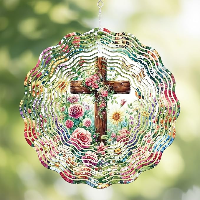 Hanging Wind Spinners Outdoor - Metal Cross Decor 3D Stainless Steel Wind Spinner for Patio Lawn Garden Indoor Balcony Kinetic Spinning Art Sculpture Birthday Gifts for Women Mom Grandma Wife