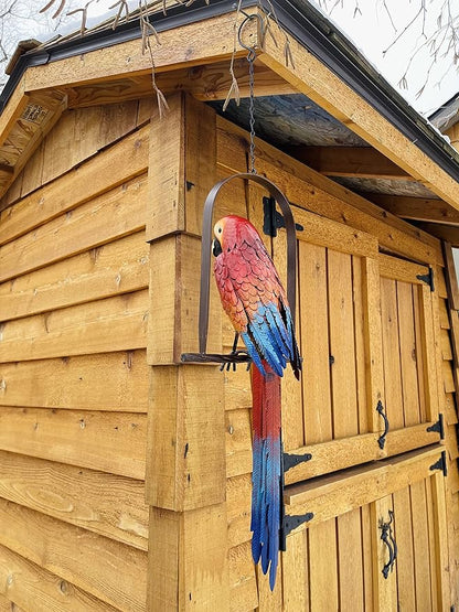 Hanging Whimsical Rustic Metal Swinging Macaw Parrot Tropical Bird On Chain Yard Garden Art, 10.75'' x 37''