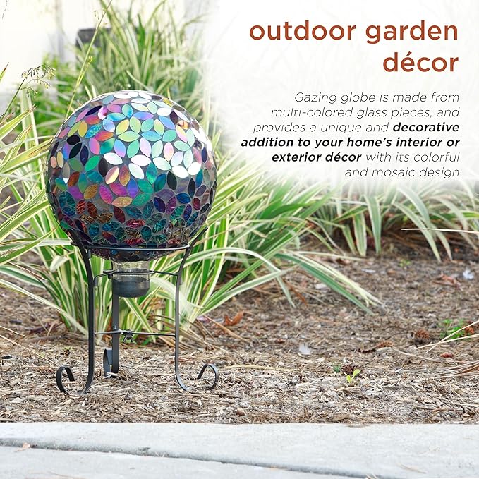 Alpine Corporation 10" Diameter Indoor/Outdoor Glass Mosaic Gazing Globe Yard Decoration, Purple Pearlized Petals Design