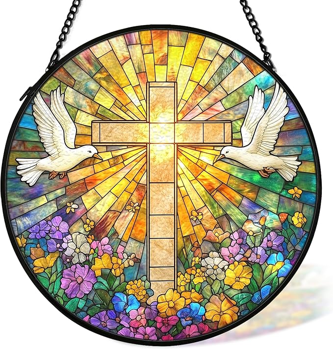 Christian Suncatcher Stained Glass Cross Window Hanging Wall Decor, Christmas Religious Gifts for Women, Easter Religious Wildflower Bird Garden Lawn Sun Catchers for Window Hanging, 7.9x7.9In