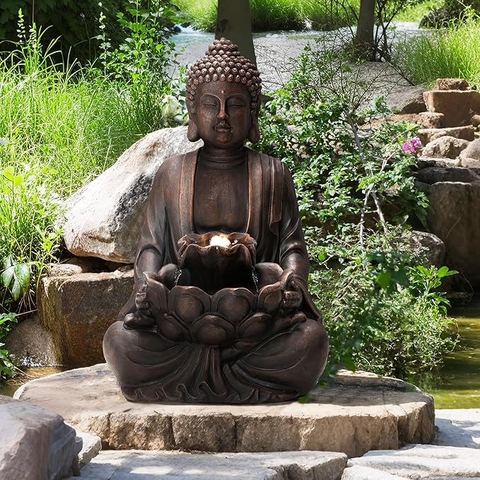 Glitzhome Buddha Statue 23" H, Outdoor Buddha Statue Zen Style Buddha Fountian with LED Light & Pump Polyresin Outdoor Floor Freestanding Fountain Garden Buddha Sculptures & Statues Lawn Décor