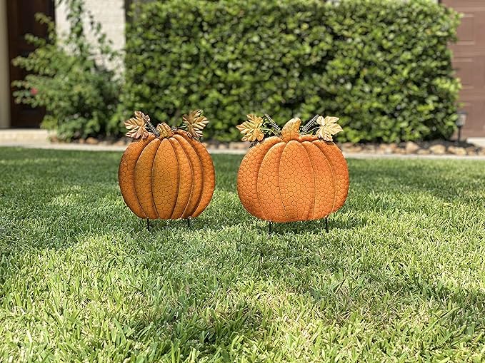STC S/2 Garden Stakes Thanksgiving Fall Harvest Halloween Outdoor Metal Decor Orange Pumpkins #762 (16" & 15" H)