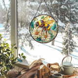 Vintage Bee Wildflowers Stained Glass Window Hanging Suncatchers, Honey Bee Sun Catchers Indoor Window Glass Wall Art Decor Sculptures, Daisy Garden Wall Hanging Decor Sculptures, 7.9x7.9in