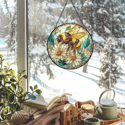 Vintage Bee Wildflowers Stained Glass Window Hanging Suncatchers, Honey Bee Sun Catchers Indoor Window Glass Wall Art Decor Sculptures, Daisy Garden Wall Hanging Decor Sculptures, 7.9x7.9in