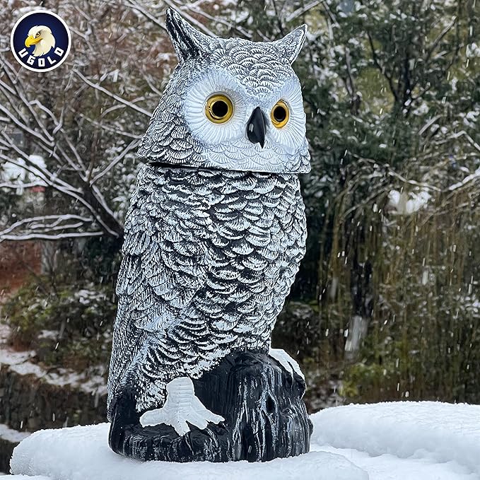 Solar Powered Snow Owl with Glowing Eyes, Rotatable Head, Realistic Hoots, Detection and Silent Mode, Garden Sculpture, Decoration for Home, Garden, Patio and Lawn
