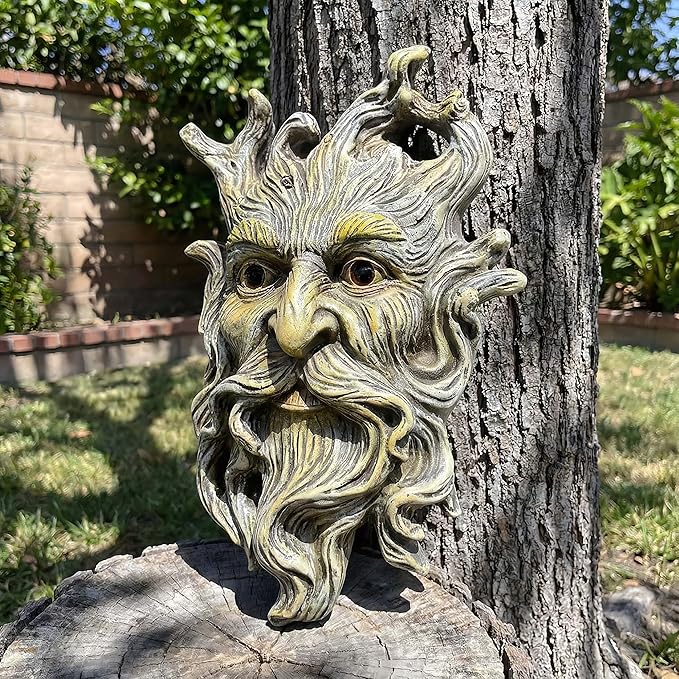 10.1" Whimsical Tree Face Sculpture, Garden Peeker Statue, Outdoor Trunk Tree Huggers Art, Landscape Accent Ornament, Hanging Fairy Elve Figurine for Yard Art, Trees Decor Wall Mounted Statues