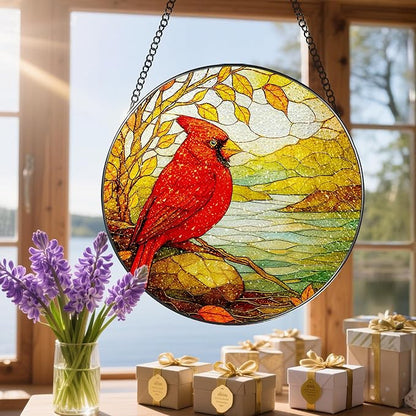 Stained Glass Window Hanging, 8 Inch Cardinal Stained Glass Suncatcher, Memorial Sun Catchers Indoor Window, Memorial Gifts, Sympathy Gift for Loss, Red Bird Decor, Cardinal Gift