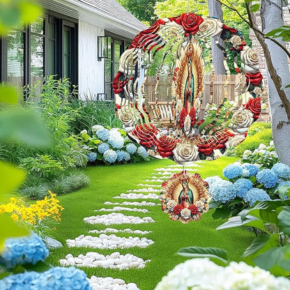 Virgin Mary Wind Spinner Outdoor, Christian Decor Gift, Hanging Metal Wind Catcher with 2.4" Guadalupe Center Pendant, 12" 3D Stainless Steel Kinetic Art for Garden Yard