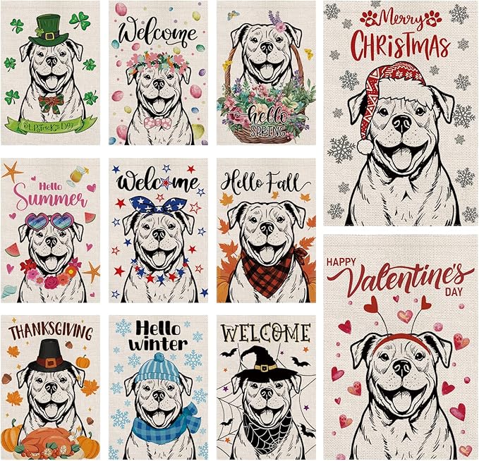 Seasonal Garden Flags Sets - Pitbull Decortions Dog Flags Double Sided Flags Set of 11 Holiday Farmhouse Indoor Outdoor Yard Lawn Christmas Gifts Decor 12.5x18 Inch