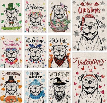 Seasonal Garden Flags Sets - Pitbull Decortions Dog Flags Double Sided Flags Set of 11 Holiday Farmhouse Indoor Outdoor Yard Lawn Christmas Gifts Decor 12.5x18 Inch
