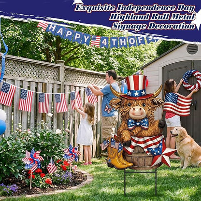 Amyhill 4th of July Highland Cow Outdoor Decor Patriotic Star Metal Garden Stakes Decorative Red White Blue Calf Lovers Yard Signs with Stakes for Independence Day Memorial Day Garden Lawn Decorations