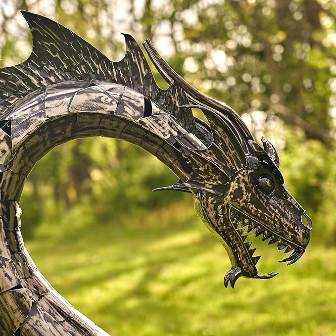 Zaer Ltd. Large Metal Dragon Statue, 89" L x 79" W x 73" H, Powder Coated (Metallic Silver)