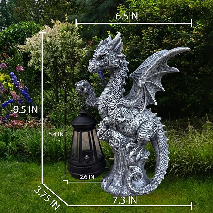 JORAE Dragon Statue with Solar Lantern Outdoor Figurine Gothic Garden Decor for Patio Balcony Lawn Yard Sculpture Resin, 9.5" H