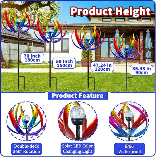 Wind Spinners Outdoor for Yard and Garden - Wind Sculptures & Spinners - 70 Inch Wind Spinner with Solar Powered Multi-Color Glass Ball Light for Yard Garden Backyard Lawn Decorations -Multicolored