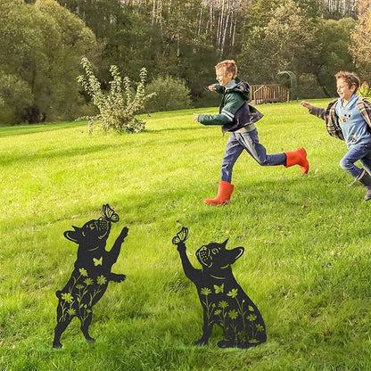 French Bulldog Garden Stakes - 2 Pcs Metal Dog Decor for Outside Waterproof Animal Statues Yard Patio Lawn Walkway Decoration Butterfly Flower Silhouette Christmas Ornaments Frenchie Gifts
