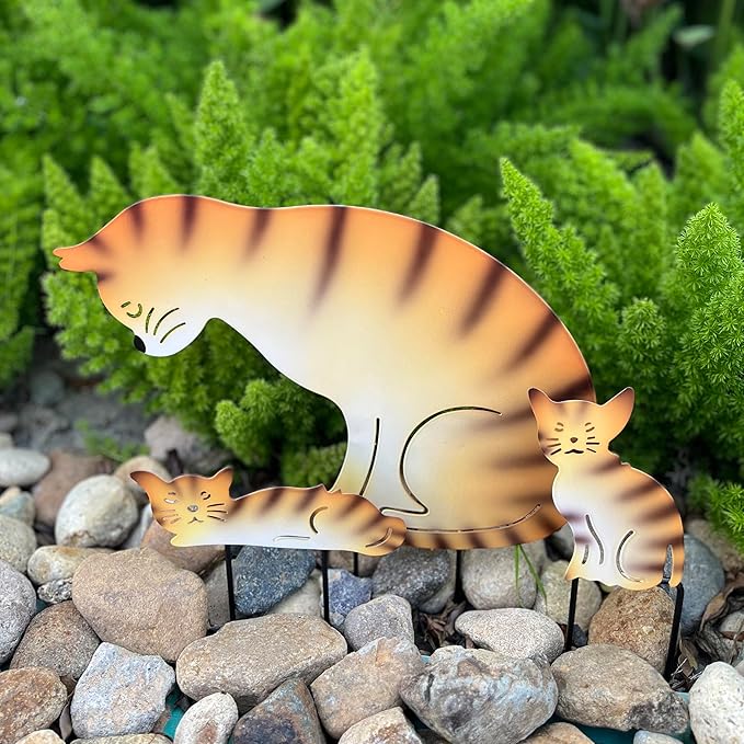 Metal Cat Family 3 Pack Garden Statues, Outdoor Decorative Silhouette Stakes for Yard and Patio Lawn Ornaments - Animal Sculpture Art (Orange)