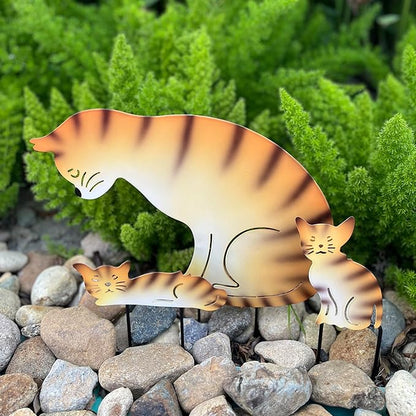 Metal Cat Family 3 Pack Garden Statues, Outdoor Decorative Silhouette Stakes for Yard and Patio Lawn Ornaments - Animal Sculpture Art (Orange)