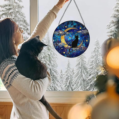 Black Cat Stained Glass Window Hanging, Black Cat on Moon Suncatchers Sun Catchers Indoor Window Glass Wall Art Decorations, Celestial Moon Kitten Round Wall Hanging Decor, 7.9x7.9in