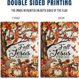 Fall for Jesus Garden Flag He Never Leaves Autumn Pumpkin Banner Stained Glass Cardinal Yard Signs Outside Halloween Thanksgiving Religious Outdoor Decor 12x18 Double Sided Small
