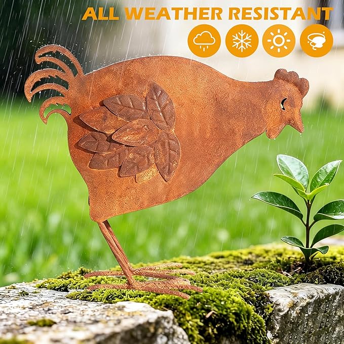 Metal Rooster Garden Decor for Outside, 12.6" Rusty Chicken Outdoor Decor for Patio Lawn Backyard, Decoration Yard Art Animal Ornaments Vintage Rustic Chicken Figurine Sculptures Statues