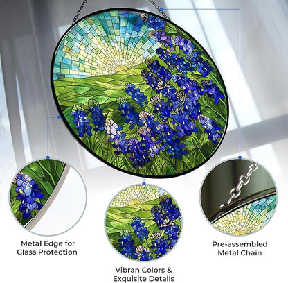 Bluebonnets Stained Glass Window Hangings, Cat Butterfly Sunflower Handcrafted Stained Glass Suncatchers, Gift for Cat Lovers Nature Lovers (12”x12”)