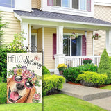 Hello Spring House Flags for Outdoor Decoration, Dog with Flowers Hat Large Yard Flag, Seasonal Decorative Celebration Decor for Summer Farmhouse Holiday Outside 28x40 Inch Vertical Double