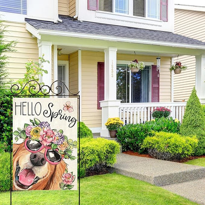 Hello Spring House Flags for Outdoor Decoration, Dog with Flowers Hat Large Yard Flag, Seasonal Decorative Celebration Decor for Summer Farmhouse Holiday Outside 28x40 Inch Vertical Double