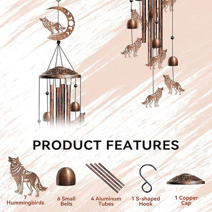 Wolf Wind Chimes for Outside, Decorative Wind Chimes Wolf Gifts for Women/Men, Memorial/Birthday Gifts, Garden Decor for Outside, Patio or Yard, Durable Chimes for Outdoors