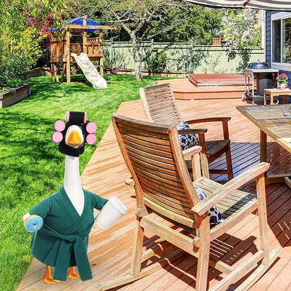 Shyyween Spring Porch Goose Outfit 23 Inch Green Lady Goose Statue Clothes Summer Bathrobe Coffee Cup Curlers for Cement Plastic Lawn Geese Outdoor Garden Yard Patio Decoration