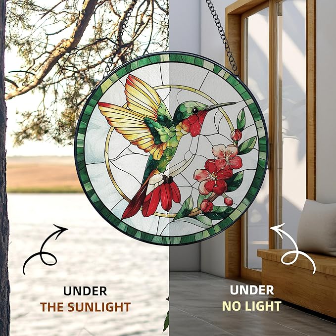 Hummingbird Stained Glass Window Hanging, Hummingbird Suncatcher, Bird Floral Sun Catchers Indoor Window Round Glass Wall Art Hanging Decorations, 7.9x7.9in