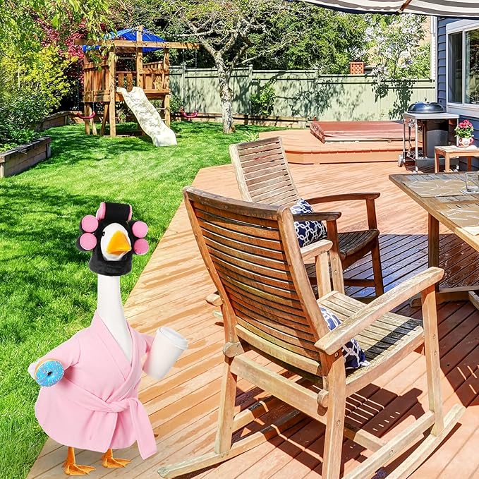 Shyyween Lady Porch Goose Outfits for 23'' Cement Plastic Geese Summer Statue Clothes Pink Bathrobe Coffee Cup Curlers for Outdoor Garden Lawn Yard Patio Decoration