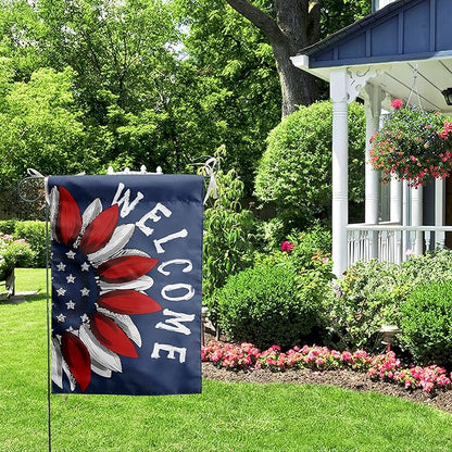 4th of July Sunflower House Flag Red White Blue Floral Garden Flags 28x40 Double Sided Large Memorial Independence Day Banner for Outside Outdoor Patriotic Decor
