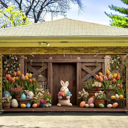 Easter Garage Door Banner Cover, Easter Bunny Flower Eggs Spring Party Backdrop Decor, Garage Door Cover For Outdoor Yard Holiday Decoration