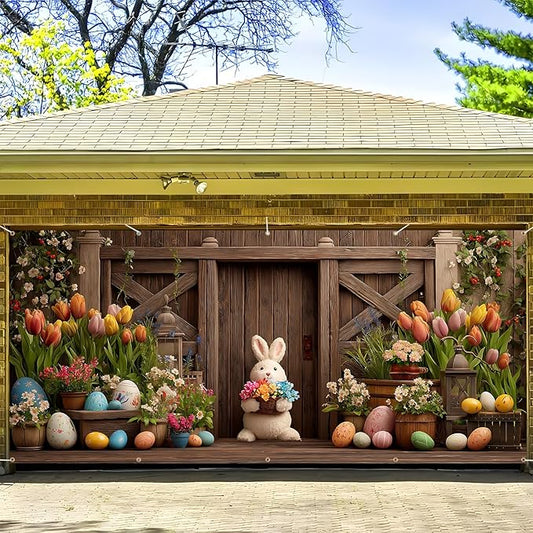 Easter Garage Door Banner Cover, Easter Bunny Flower Eggs Spring Party Backdrop Decor, Garage Door Cover For Outdoor Yard Holiday Decoration