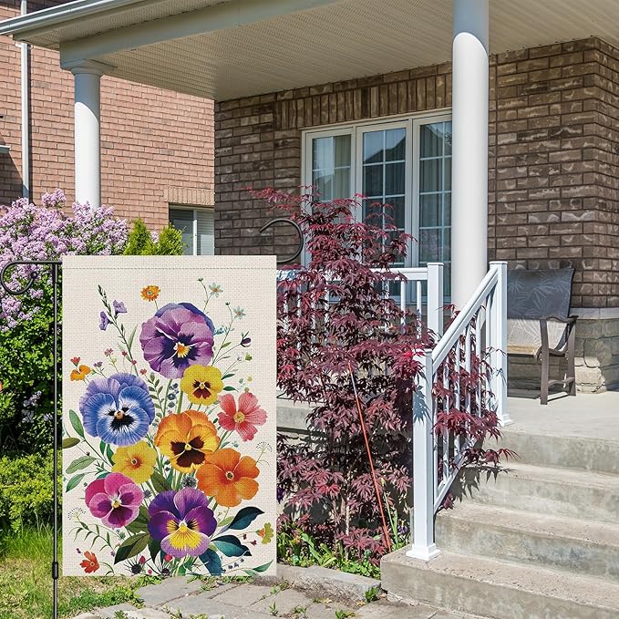 Spring Summer Pansy Flower Garden Flag 12x18 Inch Double Sided Burlap, Floral Seasonal Yard Sign Home Outdoor Decoration