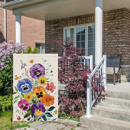 Spring Summer Pansy Flower Garden Flag 12x18 Inch Double Sided Burlap, Floral Seasonal Yard Sign Home Outdoor Decoration