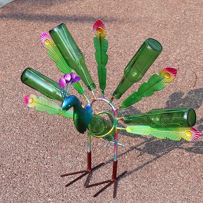 Outdoor Bottle Tree with Peacock Metal Stake for Outdoor Colorful Garden Decorative Bottle Holder & Outdoor