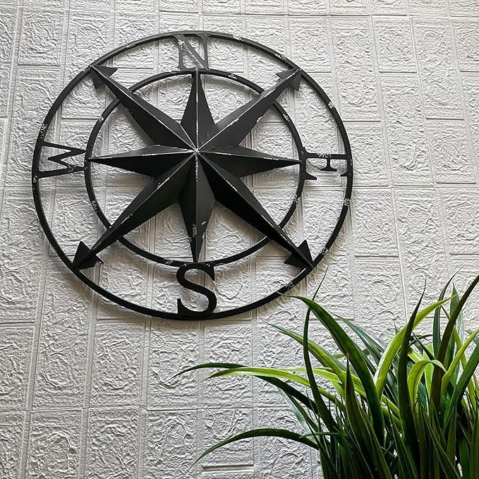 Zeckos Distressed Metal Nautical Compass Rose Wall Décor - Rustic 20-Inch Diameter Hanging Art with Vintage Black Enamel Finish - Perfect for Indoor and Outdoor Display