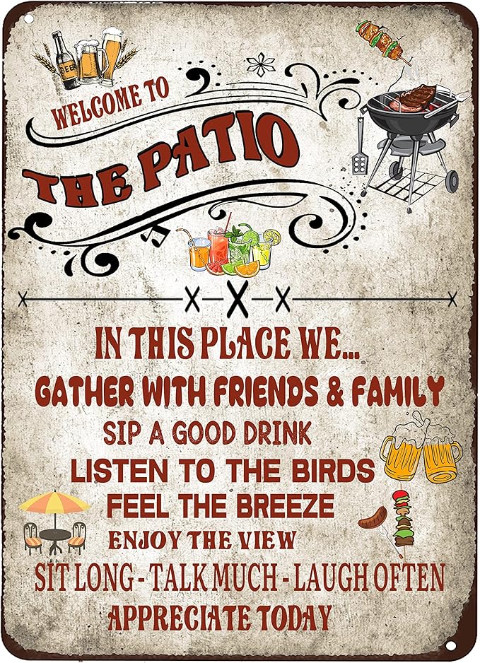 welcome to the patio sign Outdoor Living Porch Patio Deck Backyard Decor Bar Grill BBQ Decor 12x16 inch