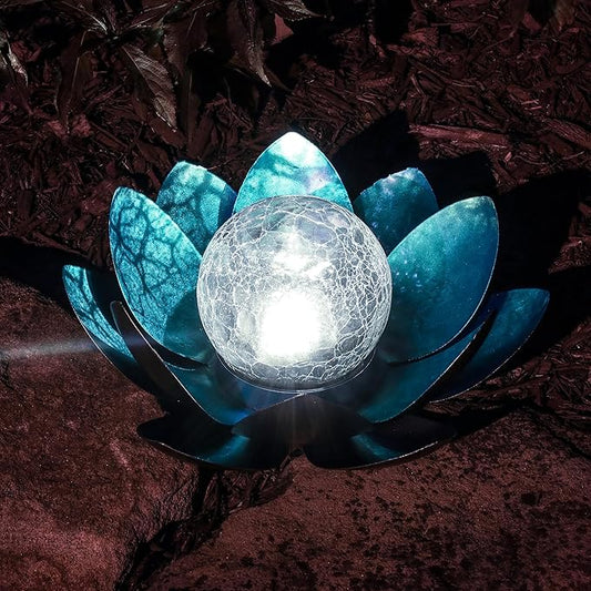 MCSLOTUS-B Blue Lotus Flower Solar LED Garden Light with Crackled Glass Globe – Waterproof Metal Outdoor Décor