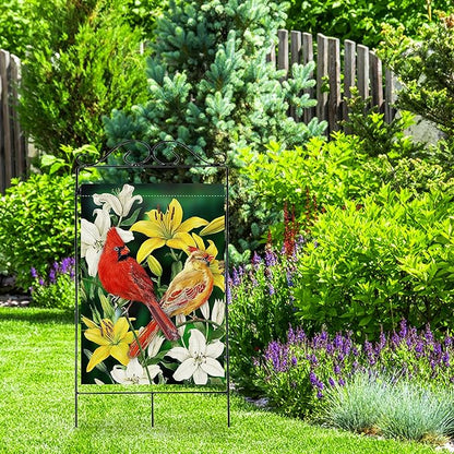 Furiaz Decorative Cardinal Flower Spring Summer Large House Flag Double Sided, Red Yellow Birds Home Lily Burlap Outside Garden Yard Decoration, Green Seasonal Outdoor Décor Flag 28 x 40