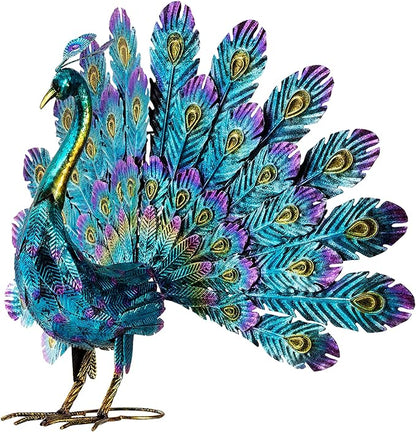 Alpine Corporation 23" Tall Outdoor Metallic Peacock Tail Spread Yard Statue, Vibrant Garden Sculpture for Patio, Lawn, or Entryway, Multicolor
