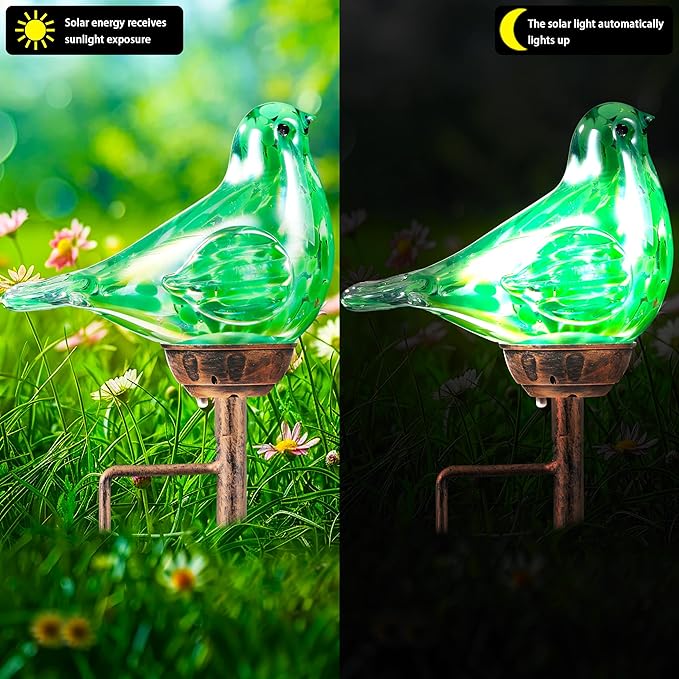 Solar Bird Garden Stake Lights - Hand Blown Glass Decorative Garden Pathway Lights Outdoor Waterproof Bird Glass Stakes (Green)