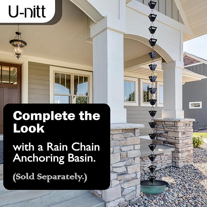 U-nitt Rain Chain Water Collection for Gutters Rainwater Catcher & Diverter, 8.5 FT Chains for Outside Garden, Black Square Cups, Roof Downspout, Works with Heavy Rain, w/ Gutter Clip for Rainchains
