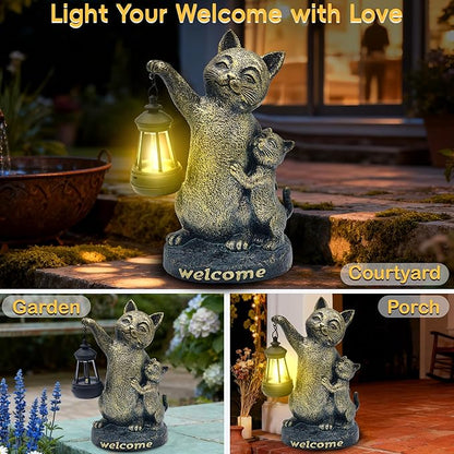 Cat Garden Statue Outdoor Decor - Solar Cat Garden Statue,Cats Figurine Ornaments,Waterproof Outdoor Sculptures for Yard Lawn Backyard Patio Balcony Home Decorations,Unique Cats Gifts for Women