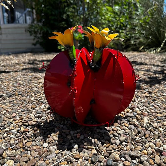 Handmade Metal Bisnaga Cactus with Flowers - Garden Art Decor (Red)