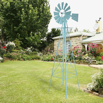 VINGLI 8FT Ornamental Windmill Backyard Garden Decoration Weather Vane, Heavy Duty Metal Wind Mill w/ 4 Legs Design,Light Blue