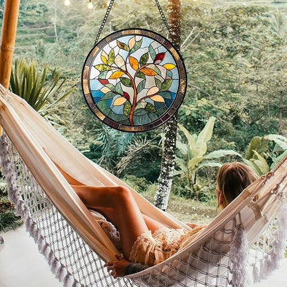 Stained Glass Window Hanging Colorful Tree of Life 7.8" - Plant Leaves Suncatcher Door Garden Sun Catcher Home Decor Birthday Christmas for Mom Men Woman Nana Friend
