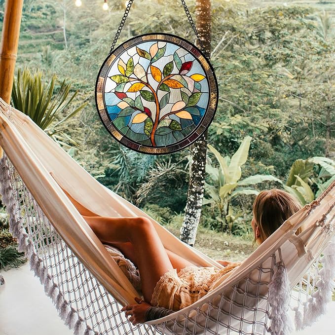 Stained Glass Window Hanging Colorful Tree of Life Large 15" - Plant Leaves Suncatcher Door Garden Sun Catcher Home Decor Birthday Christmas for Mom Men Woman Nana Friend